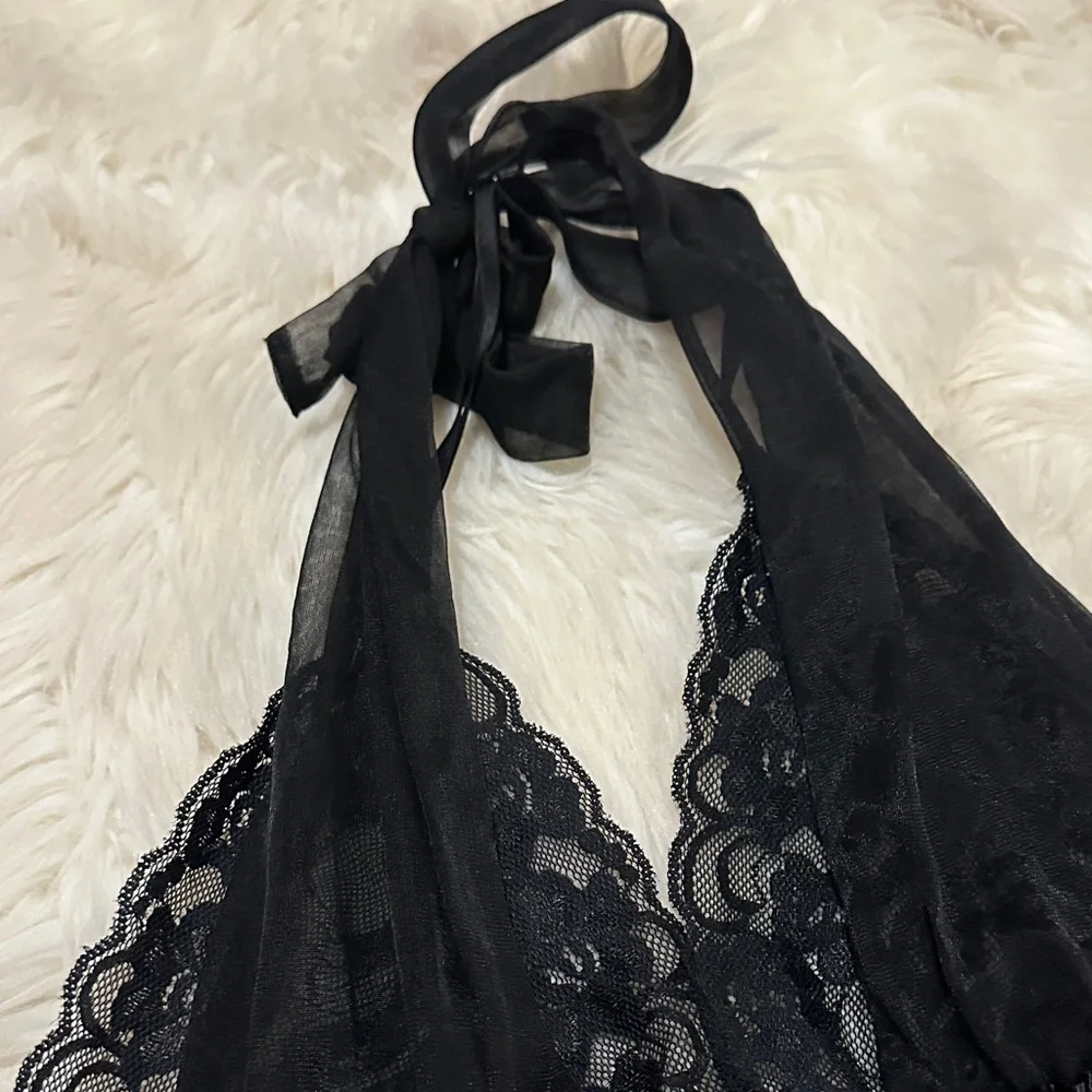 Vintage Y2K Frederick's of Hollywood Black Lace Halter Chemise